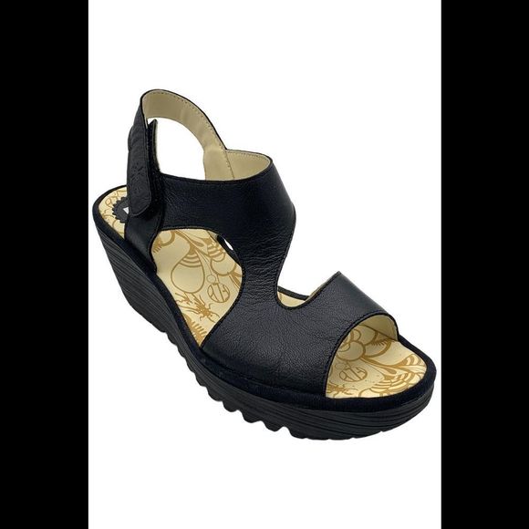 Fly London Women's Yox Slingback Platform Wedge Sandals Black - Medium - Picture 1 of 3